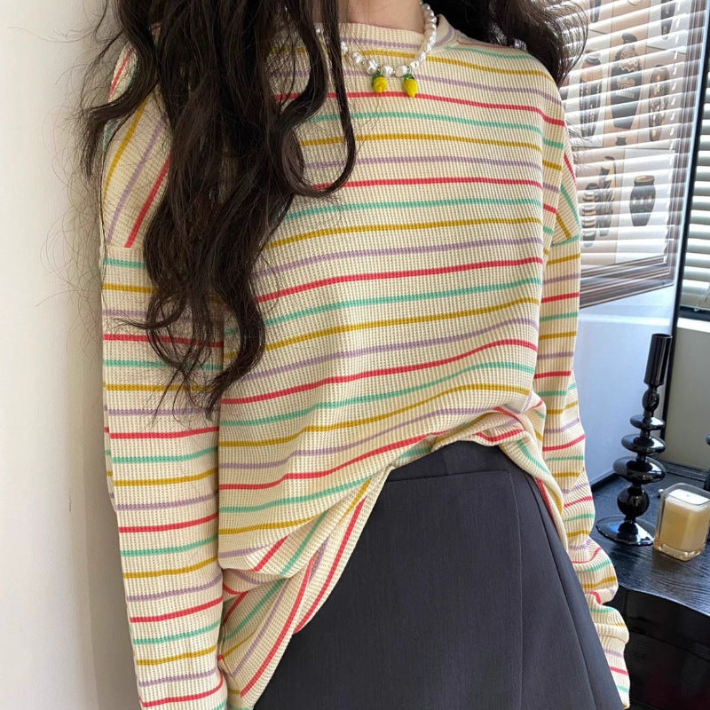 Spring and Autumn T-shirt Thin Sweatshirt Korean Style Autumn and Winter New Vigor Rainbow Striped Long-sleeved T-shirt Women's Top Women's Age-reducing