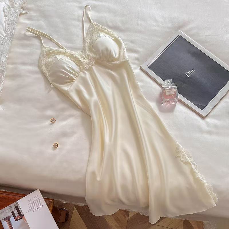 Sexy Pajamas Women's Summer Suspender Nightdress Pure Desire Style Backless Ice Silk 2023 New Slit Lace Pajamas