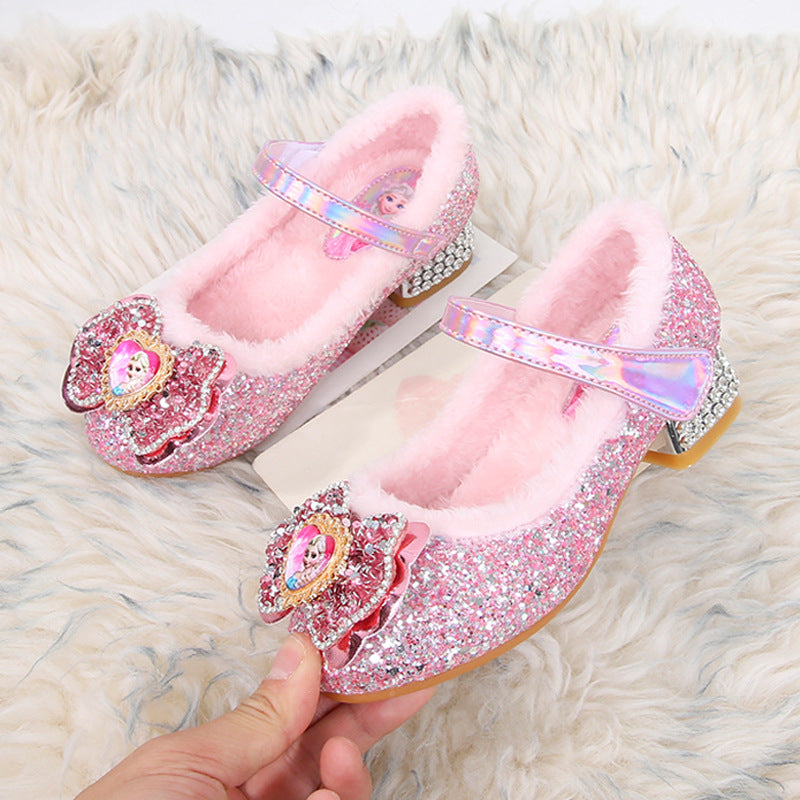 Velvet Girls High Heels Winter New Children Princess Shoes Little Girl Cotton Shoes Baby Fluffy Shoes Aisha Children's Shoes