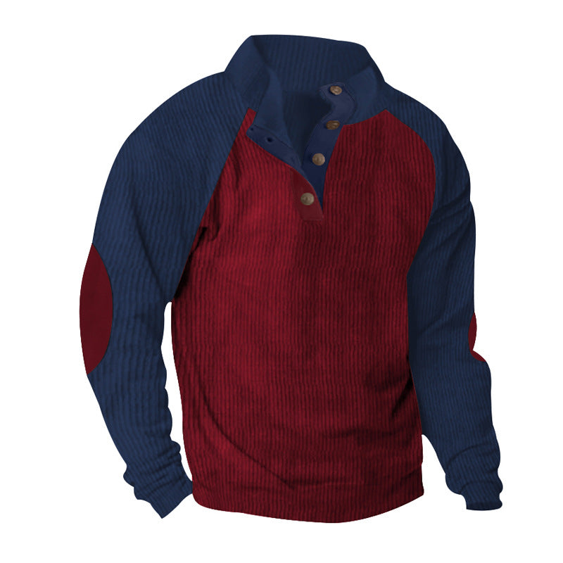 2025 Cross-Border Men's Casual Stand Collar Sports Sweatshirt Amazon Autumn and Winter Contrast Color Corduroy Slim Raglan Sweatshirt