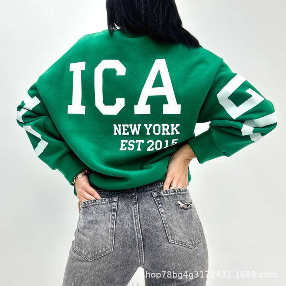 Autumn and Winter New Sweatshirt Women's Clothing Amazon Hot-Selling Loose Top Long-Sleeved Fleece-Lined Color-Blocked Ribbed Sweatshirt for Women