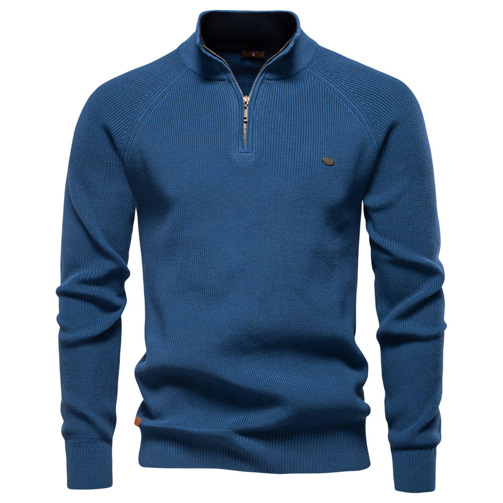 New Men's Long-Sleeve Autumn and Winter Versatile Stand Collar Casual Solid Color Sweater Half-Open Men's In-Stock Wholesale