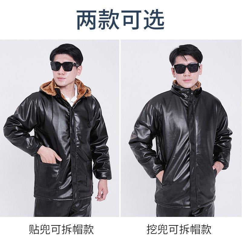 Leather Men's Coat Winter Fleece-lined Thickened Loose Oil-proof Waterproof Take-out Riding Leather Leather Pants Set for Men