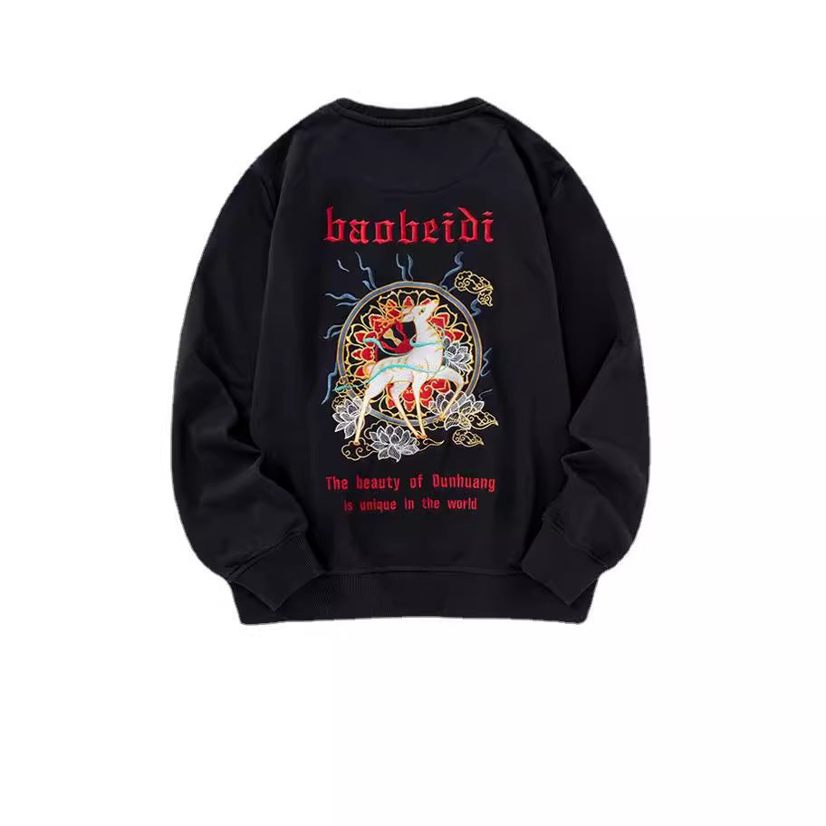 New Style National Trend Embroidered Sweatshirt for Men, Pure Cotton Loose Fit Men's Jacket, Round Neck Youth Couple's Outfit, Youth Fashion Wholesale