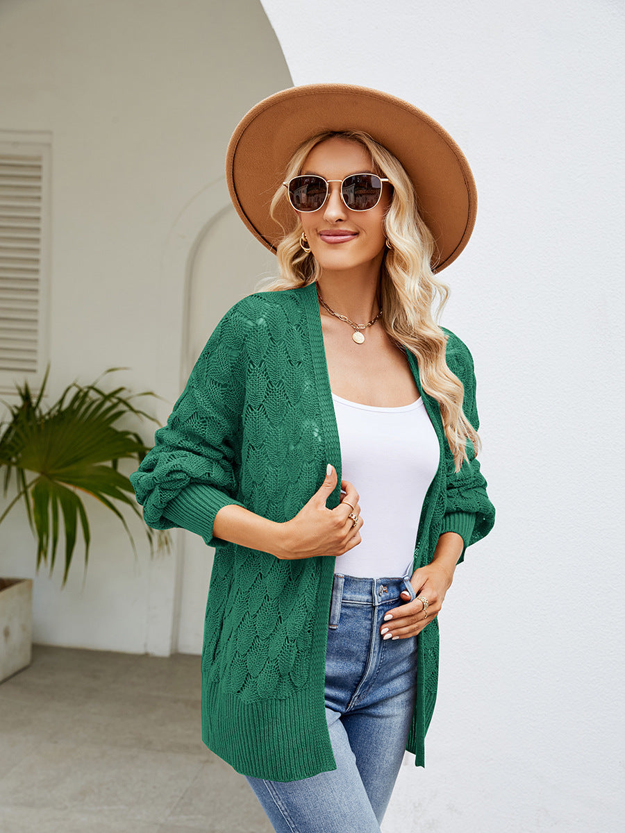 2024 New Loose Lazy Style Mid-Length Sweater Coat Women's Design Hollow Knitted Sweater Cardigan