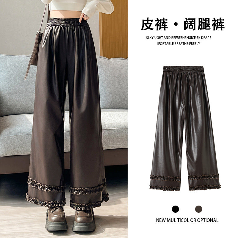 Double-Layer Ruffled Leather Pants for Women 2025 Autumn and Winter Popular High-Waisted Fashion Casual Pants Soft Pu Leather Trendy Cool Wide-Leg Pants