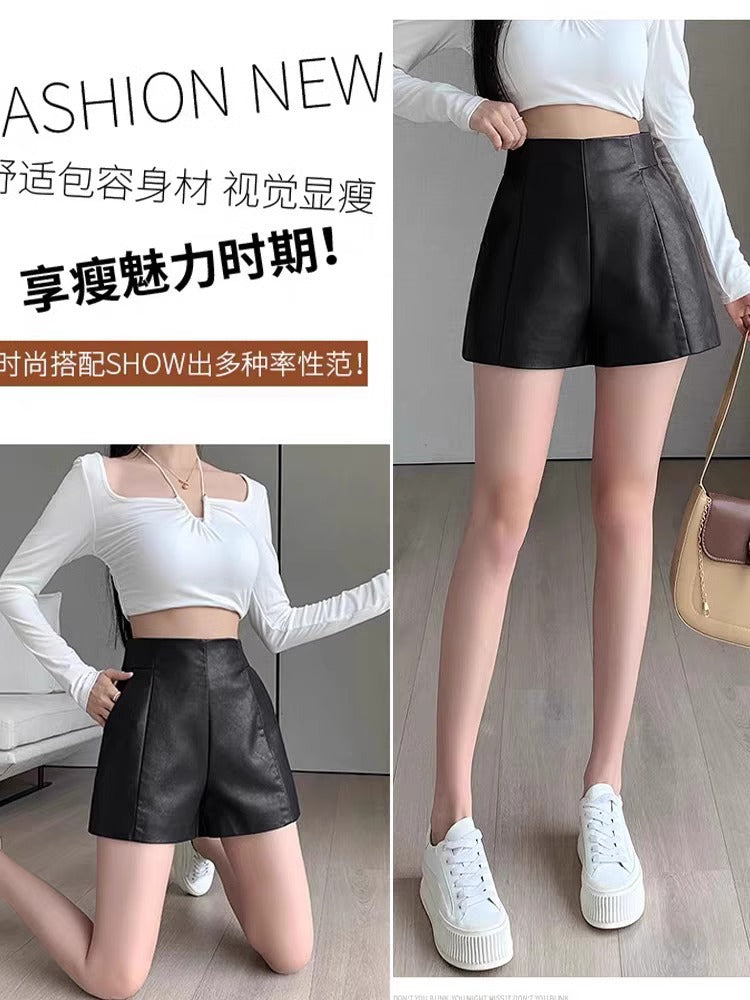 Pu Leather Shorts for Women 2023 Spring and Summer New A-Line Leather Pants Slimming High-Waisted Loose Wide-Leg Petite Boot Shorts