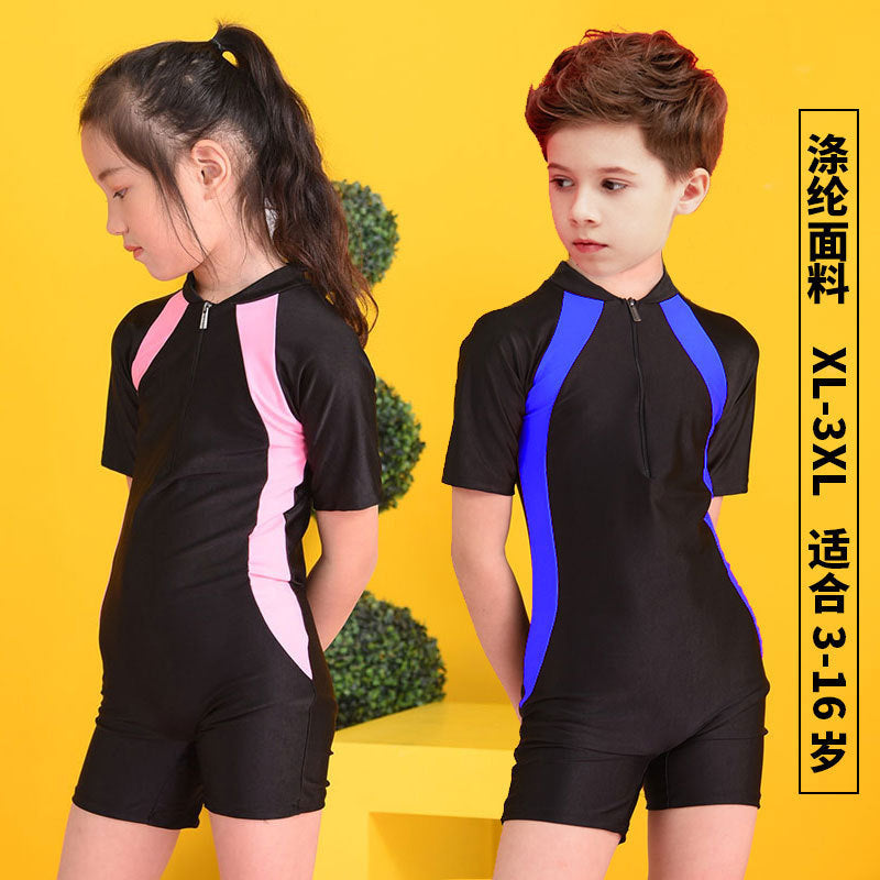 Children's One-Piece Swimsuit for Boys and Girls, Sun Protection Diving Suit, Medium and Large Children's Sports Short-Sleeved Swimwear, Boxer Swimsuit