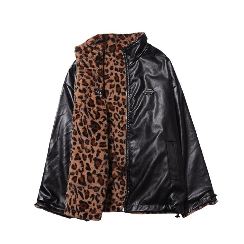Leather women's 2025 winter new double-sided fur one-piece motorcycle clothing leopard fleece-lined PU fur coat coat trendy