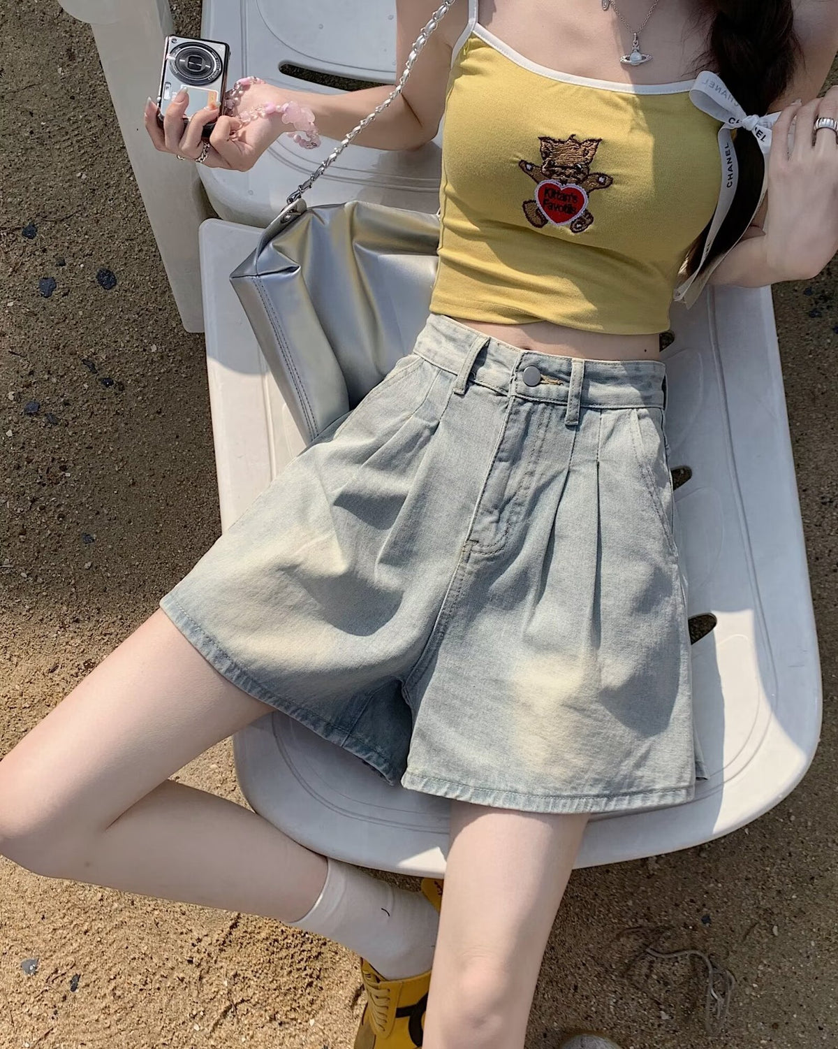 Design Sense Pleated High Waist Jeans Women's Summer American Style New Slim A- Word Retro Loose Wide-Leg Shorts for Women