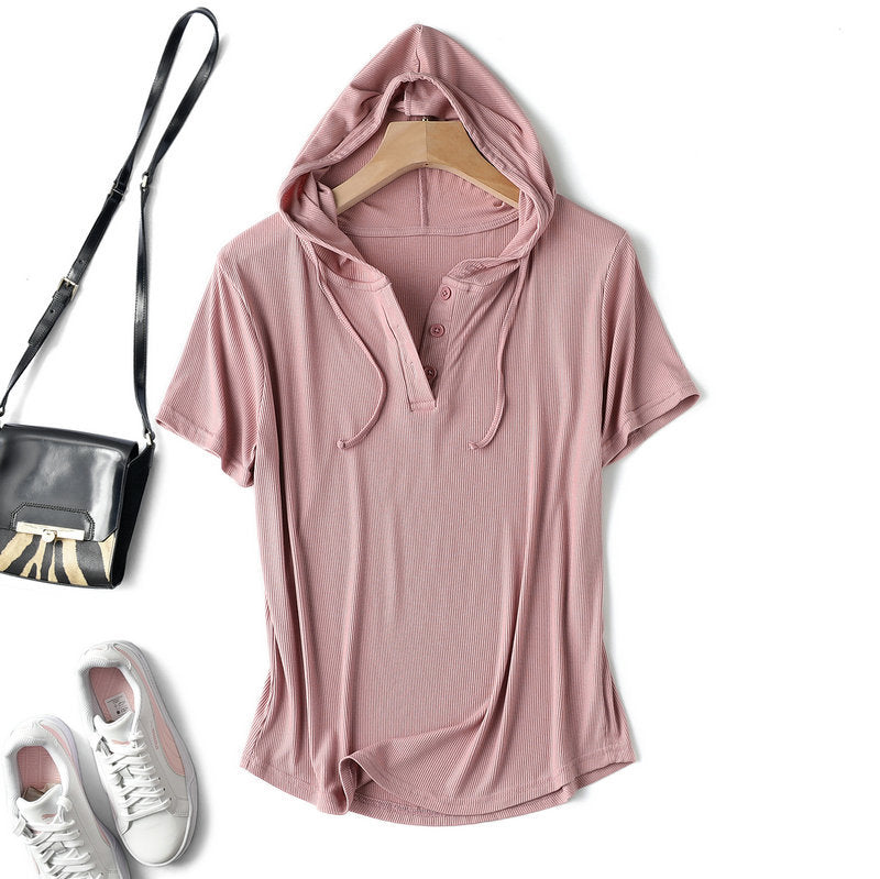 Modal thread short-sleeved hoodie T-shirt women's spring/summer plus size loose bottoming shirt slimming sun protection thin top