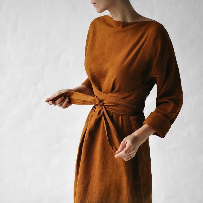new cotton and linen dress long sleeve off-neck lace-up dress