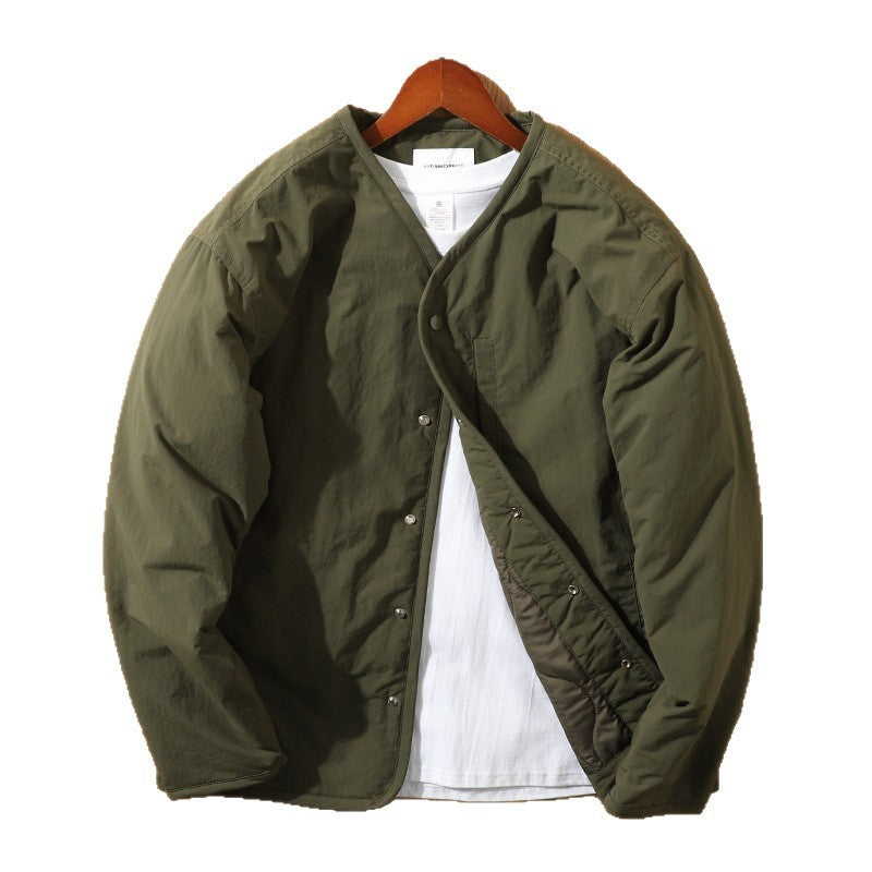 Japanese Retro Collarless Quilted Jacket Men's Windproof Workwear Layered V-Neck Snap Cotton Coat Men