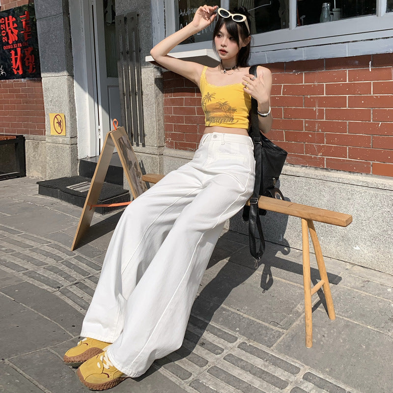White Wide-Leg Jeans for Women 2025 Spring New High-Waisted Loose Slimming Look Lazy Draped Straight Floor-Length Pants