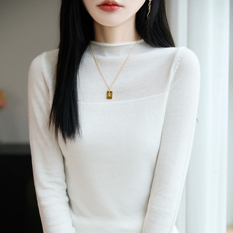 Sweater Women's Autumn and Winter Rolled Edge Half Turtleneck Knitted Sweater Thin Long-Sleeved Knitted Bottoming Shirt Women's Top Cross-Border Sweater