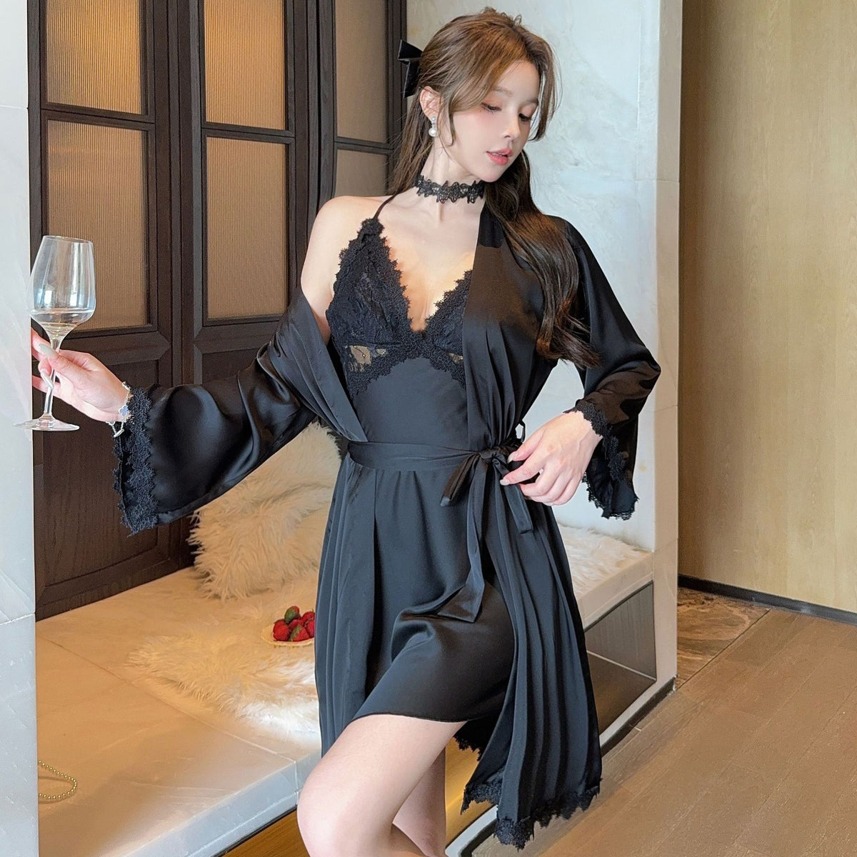 Pajamas for Women Spring and Autum Sexy Pure Lust Lace Cut Out Suspender Nightgown Ice Silk Nightgown Two-Piece Suit with Breast Pads