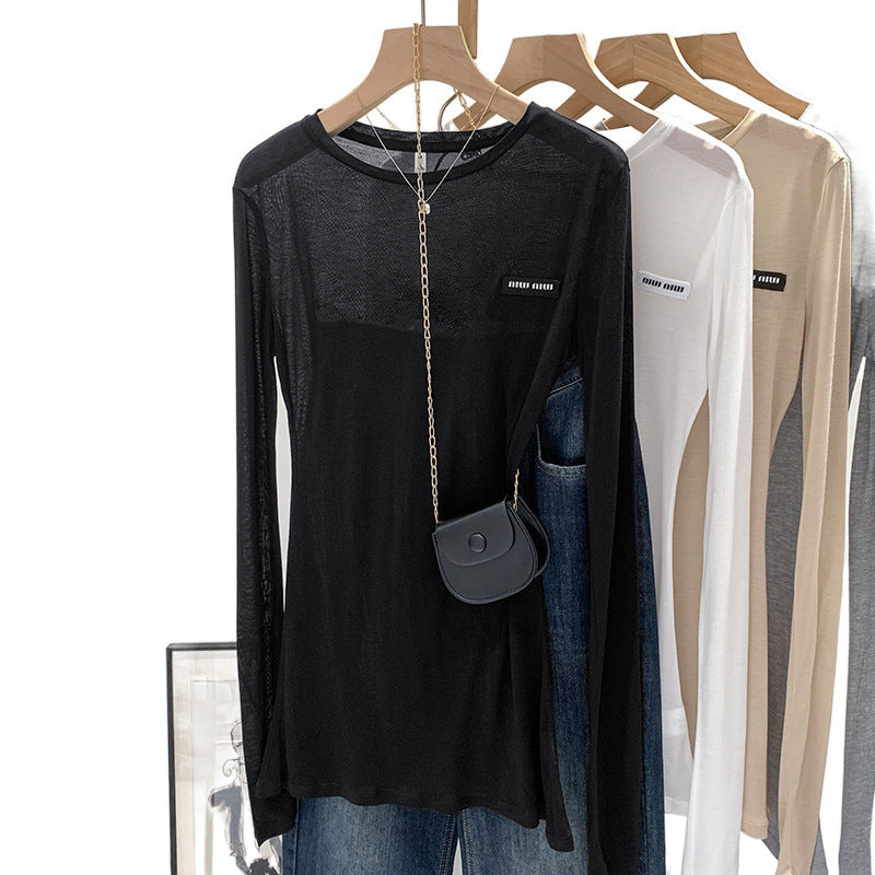 2026 Spring/Summer Design Sense Long-Sleeve Sunscreen Thin Sexy See-Through Hot Girl T-Shirt Top for Women New Hot Style