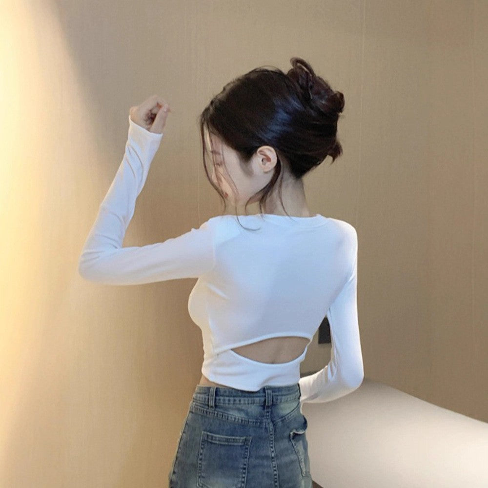 Trendy Spicy Girl Backless Long-Sleeve T-Shirt with Hollow Design for Women, Autumn Inner Wear Crop Top
