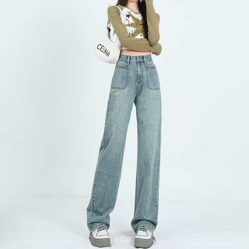 American Retro Wide-leg Jeans for Women Spring & Fall 2024 New Style Small High-waist Slim Loose Straight-leg Floor-length Pants