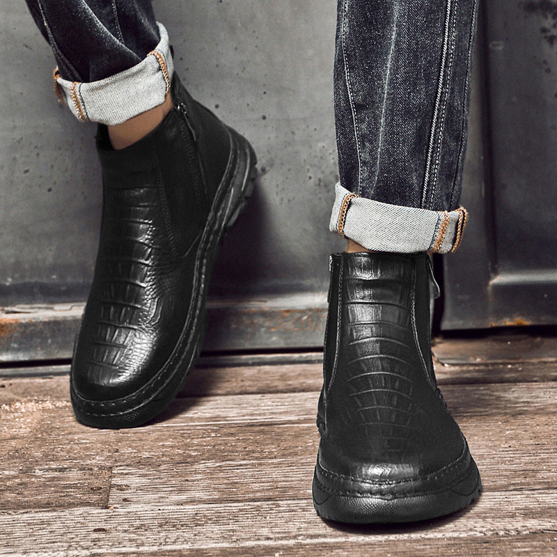 Men's Shoe Top Layer Cowhide Short Boots Business Leather Boots Outdoor Casual Autumn and Winter High Top Zipper Set Foot Crocodile Cotton Boots