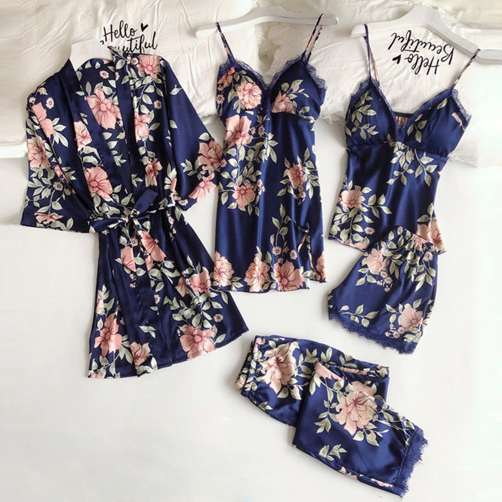 Pajama Manufacturer Wholesale Printed Women's Imitation Suspender Sleep Loose and Comfortable Lace Five-Piece Set Home Wear Underwear Nightgown