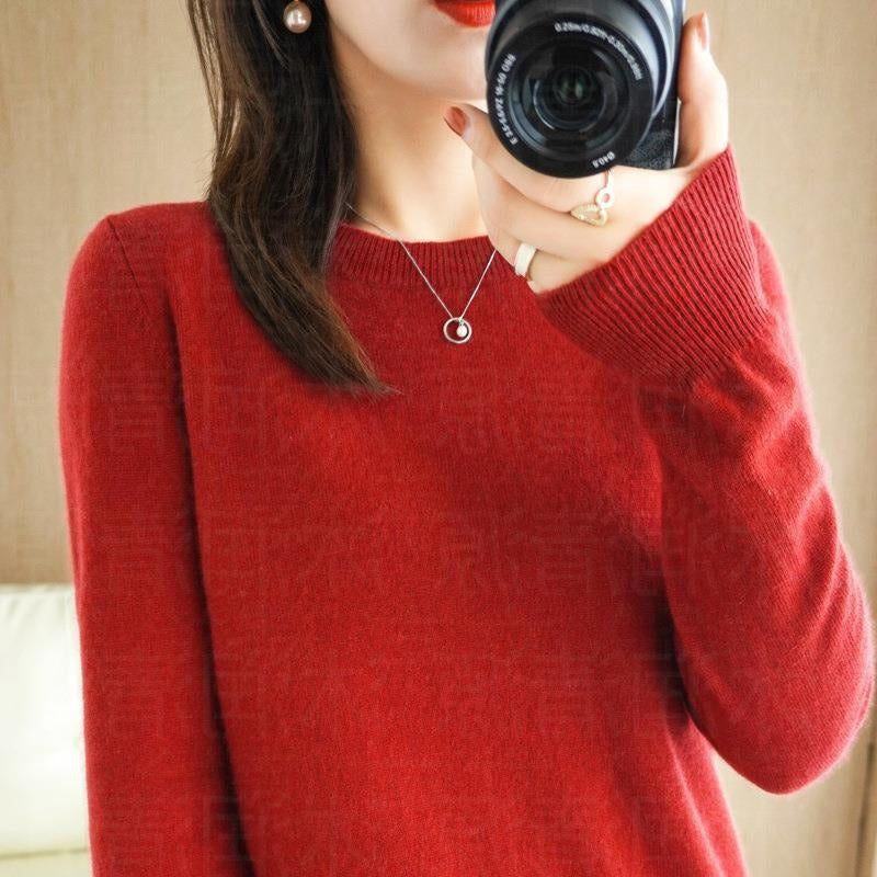 Autumn and Winter New Round Neck Sweater Women's Pullover Sweater Solid Color Long Sleeve Women's Thin Inner Short Base Shirt for Women