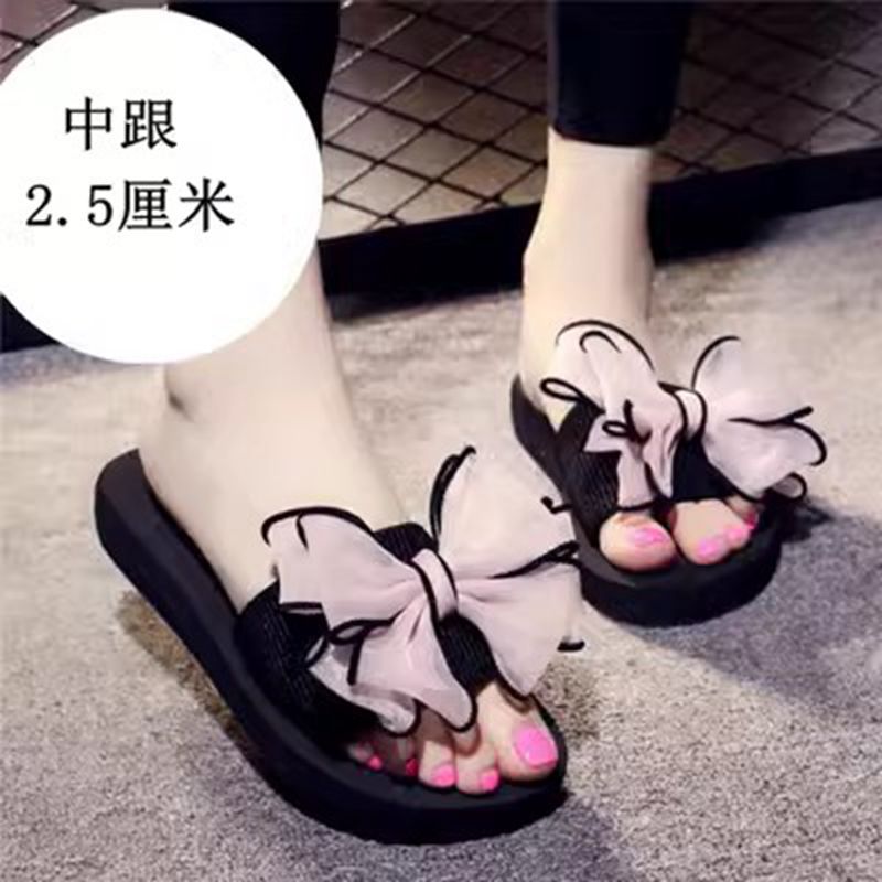 Mid-summer high-heeled slipper butterfly flower women's beach shoes thick-soled sandals and slippers Korean-style non-slip slippers for women