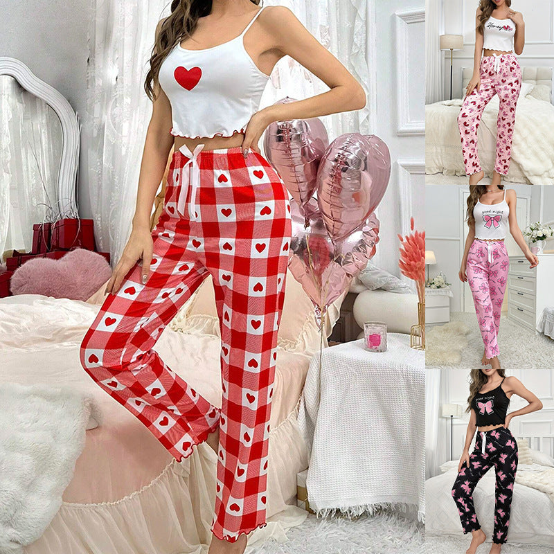 2024 New Women's Pajamas Sexy Love Sling Trousers Home Clothes suit Pajamas Casual Simple