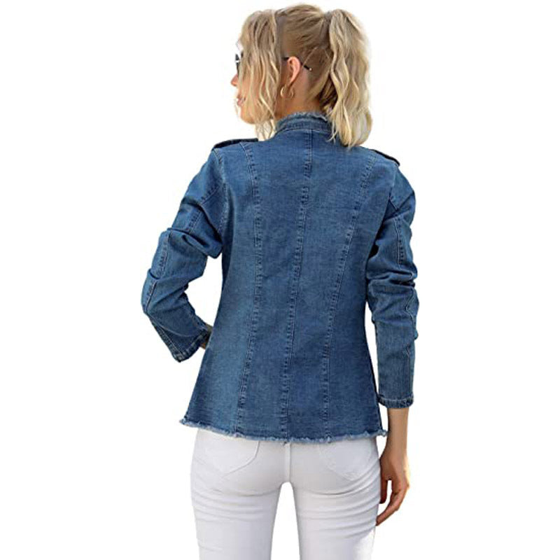 2026 Cross-Border European and American Whis Women's Denim Blazer Single-Breasted Stand Collar Solid Color Casual Versatile Slim Fit
