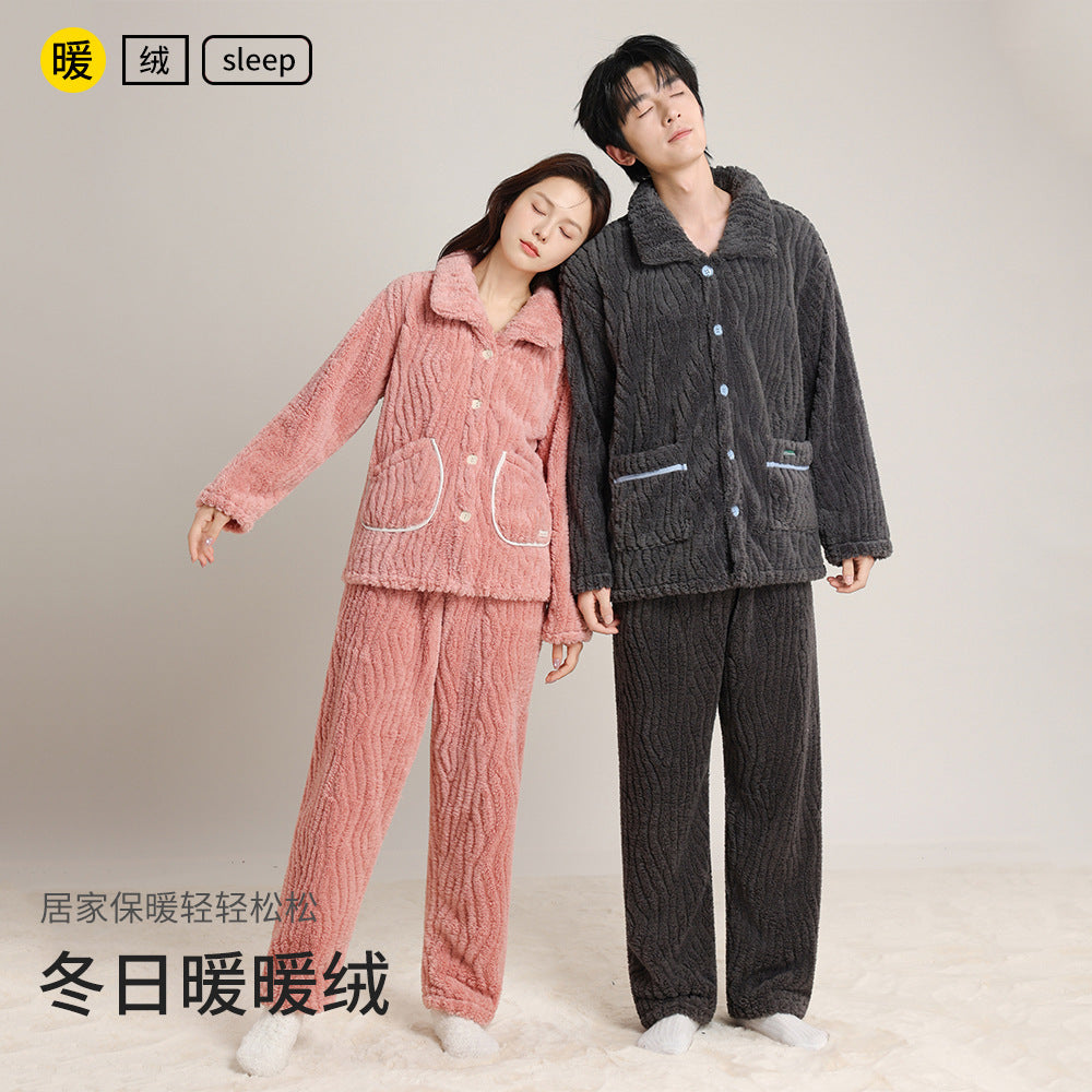 Autumn and Winter Thickeneded Warm Square Collar Lapel Pajamas Coral Velvet Cardigan Simple Wearable Home Clothes Couple Set