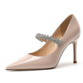Rhinestone Pointed High Heels 2025 New White Wedding Shoes Patent Leather Nude Buckle Shoes Black Professional Shoes