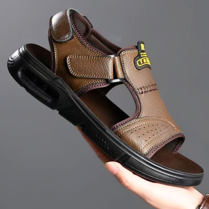 Men's Sandals 2024 New Summer Men's Shoes Hole Shoes Soft Sole Non-slip Beach Shoes Velcro Casual Leather Shoes Trendy