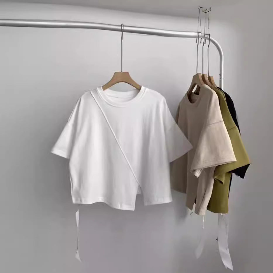 European-Style Regular Shoulder Short-Sleeve T-Shirt for Women, 2026 Summer New Plus-Size Slimming Top for Curvy Women, Tummy-Concealing with Irregular Slit Design