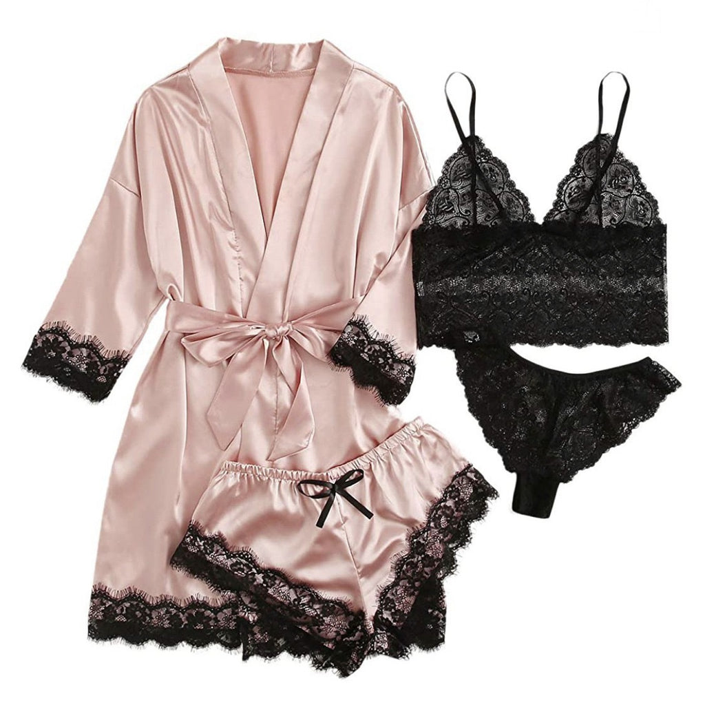 New Cross-Border Sexy Women's Sexy Pajamas Multi-Piece Suit Lace Satin Suspender Nightgown Manufacturer Foreign Trade Direct Sales