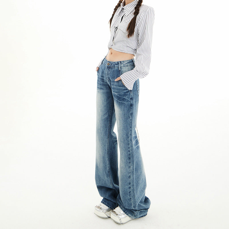 Raccoon dog house American retro low waist hot girl flared pants women 2024 fall/winter Joker slim fleece jeans women wholesale