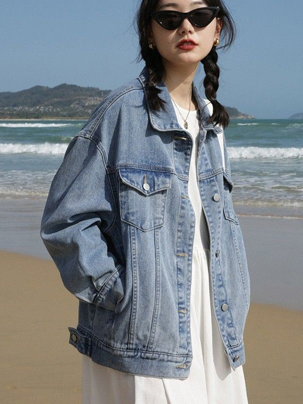 Slim American Retro Denim Jacket Women's Water Style Washed Denim Loose Casual Long-Sleeved Versatile Top Long Ins