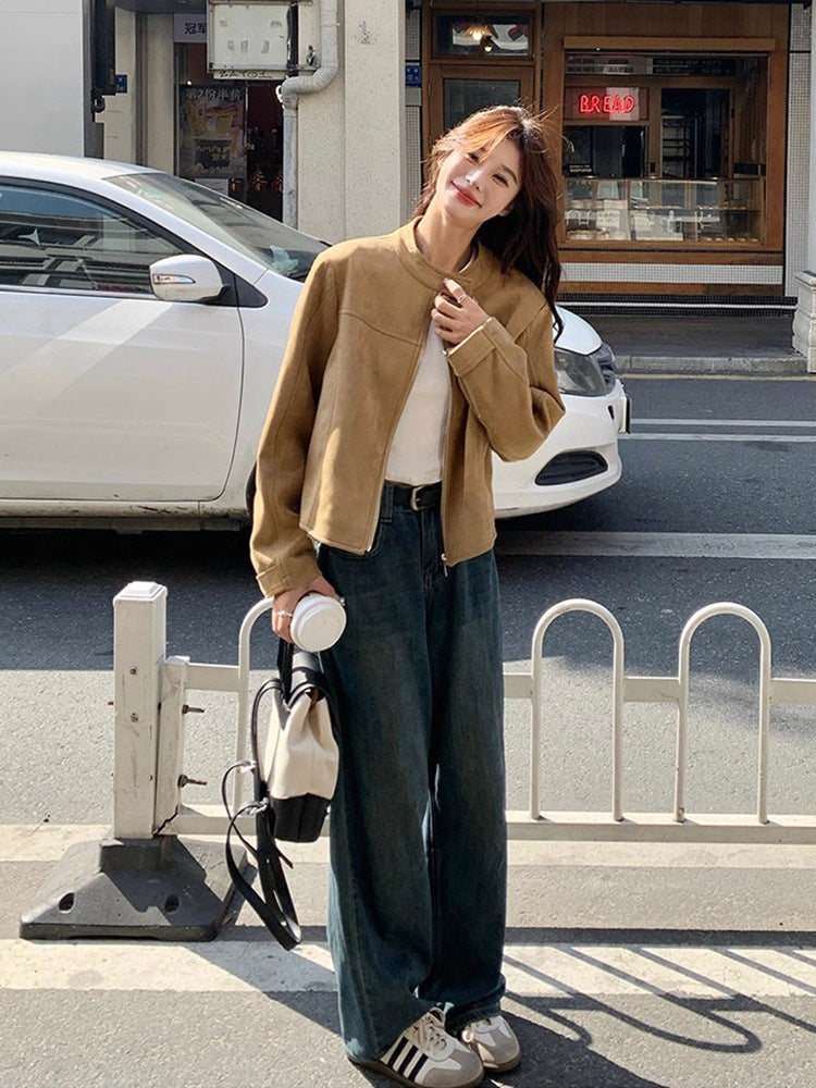 Khaki Suede Jacket Women's Short 2025 Autum New Korean Style Retro Casual Fashion Design Jacket