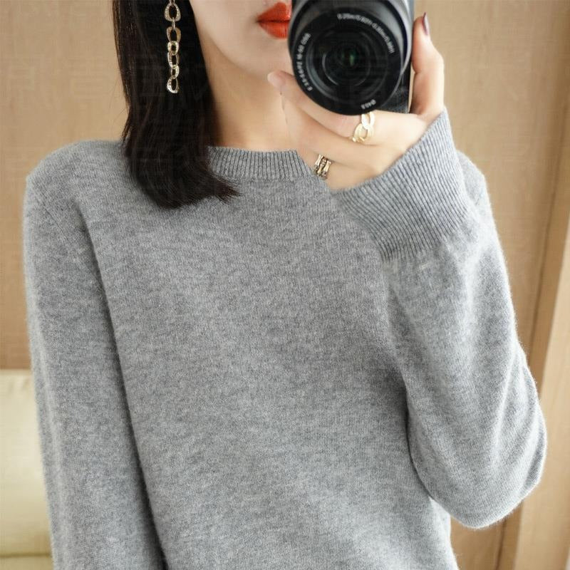 Autumn and Winter New Round Neck Sweater Women's Pullover Sweater Solid Color Long Sleeve Women's Thin Inner Short Base Shirt for Women
