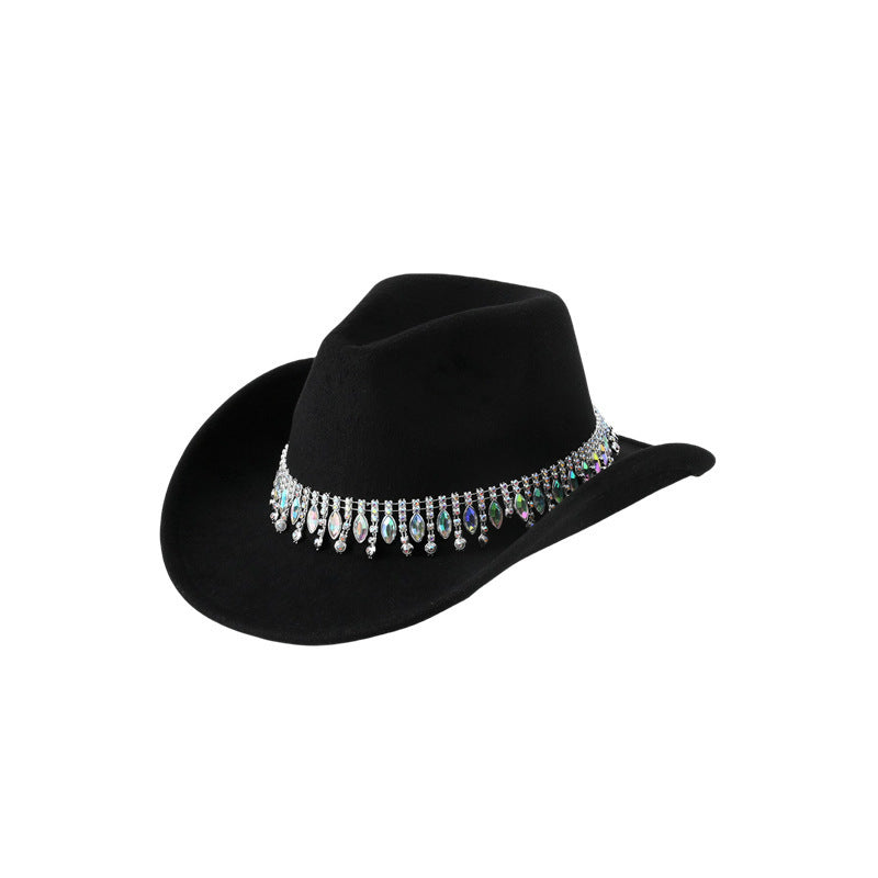 Men's and Women's European and American Elegant Hats, Unique Jazz Cowboy Hats, Tassels, Gemstones, Rhinestone Accessories, Belts, Wedding Engagement
