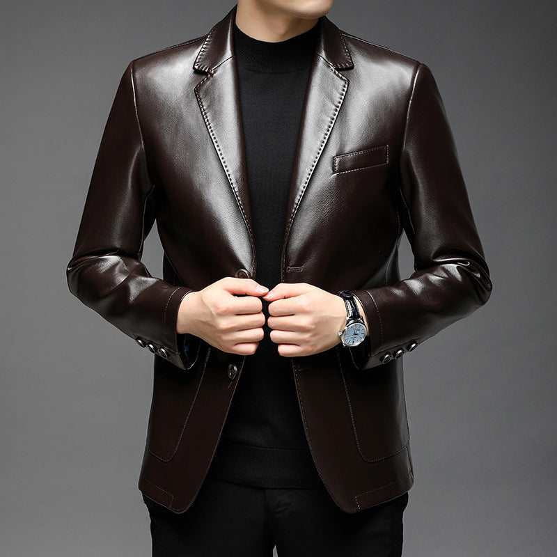 Leather coat men's autumn and winter new men's soft leather suit collar leather coat men's two-button casual leather suit cross-border
