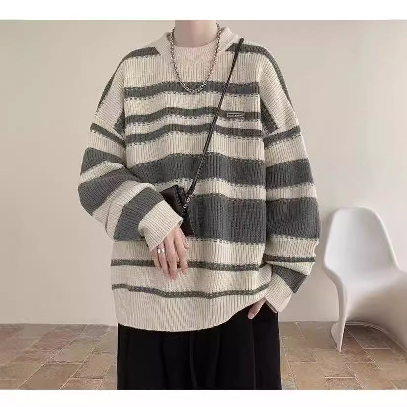Autumn and Winter New Men's Sweater Loose Round Neck Striped Sweater Men's Fashionable Contrast Color Pullover Warm Top Clothes