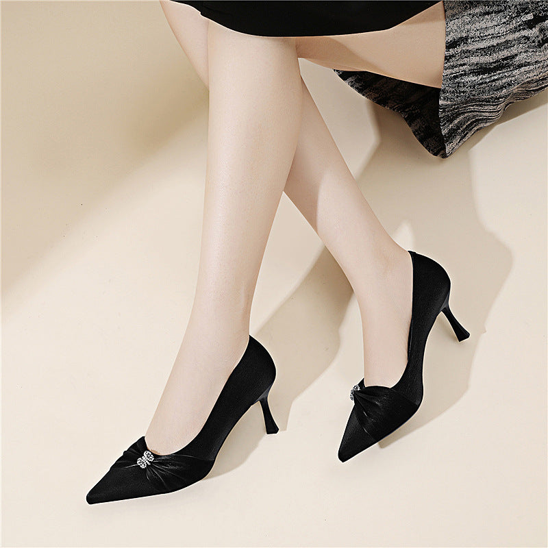 Women's High Heels 2026 New Style Shallow Pointed Toe Professional Shoes Soft Leather Thin Heel Color-Blocking Fashion High Heels