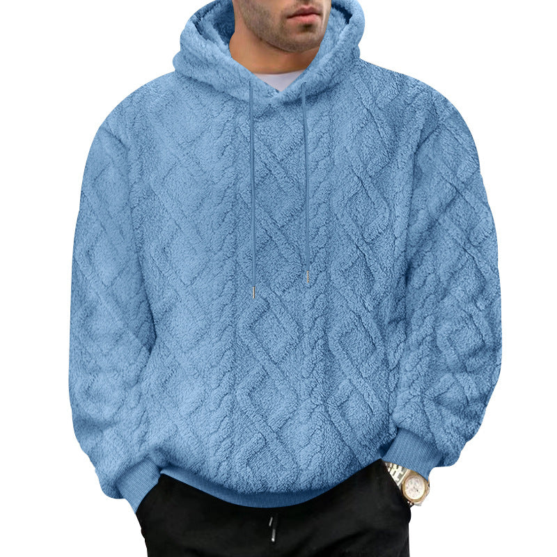Cross-Border American Style Autumn and Winter Sweatshirt for Men, Casual High Street Jacquard Diamond Double-Sided Fleece Loose Pullover Hooded Sweatshirt for Men
