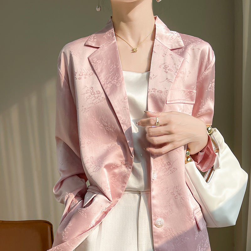 2024 Spring and Autumn Women's Suit Collar Mid-length Suit Design Sense Two-button Jacquard Suit Jacket