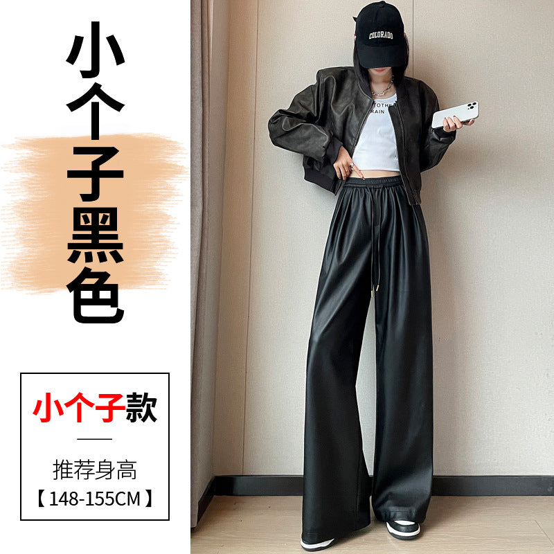 Real shot in stock leather pants women 2024 autumn and winter new fleece-lined PU leather soft leather floor wide leg pants high waist casual pants
