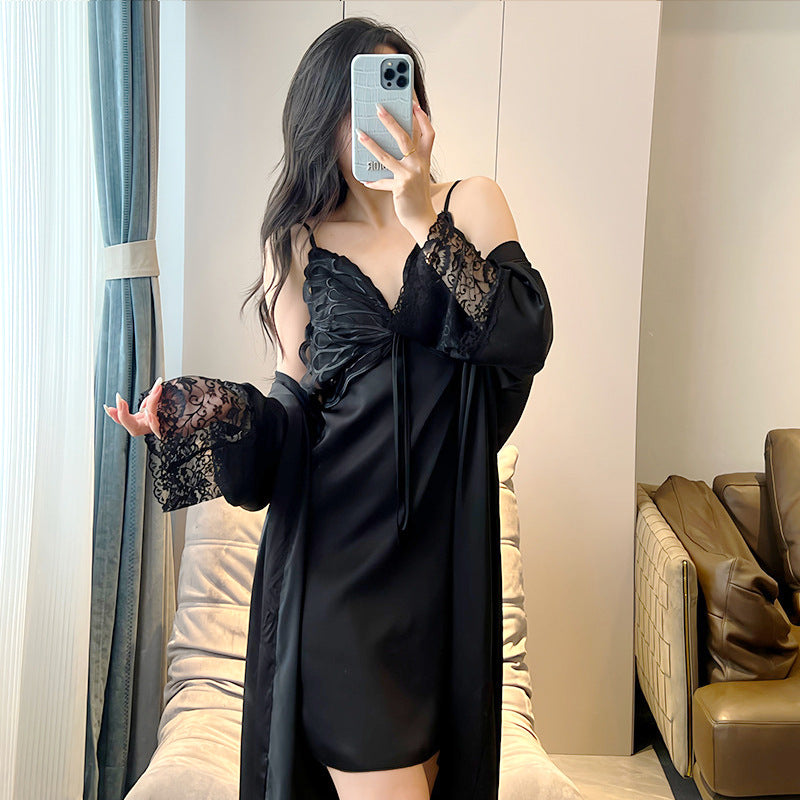 Pajamas Women's Summer Ice Silk Pure Sexy Lace Sling Nightgown Nightgown with Chest Pad Thin Home Clothes Two-piece Set