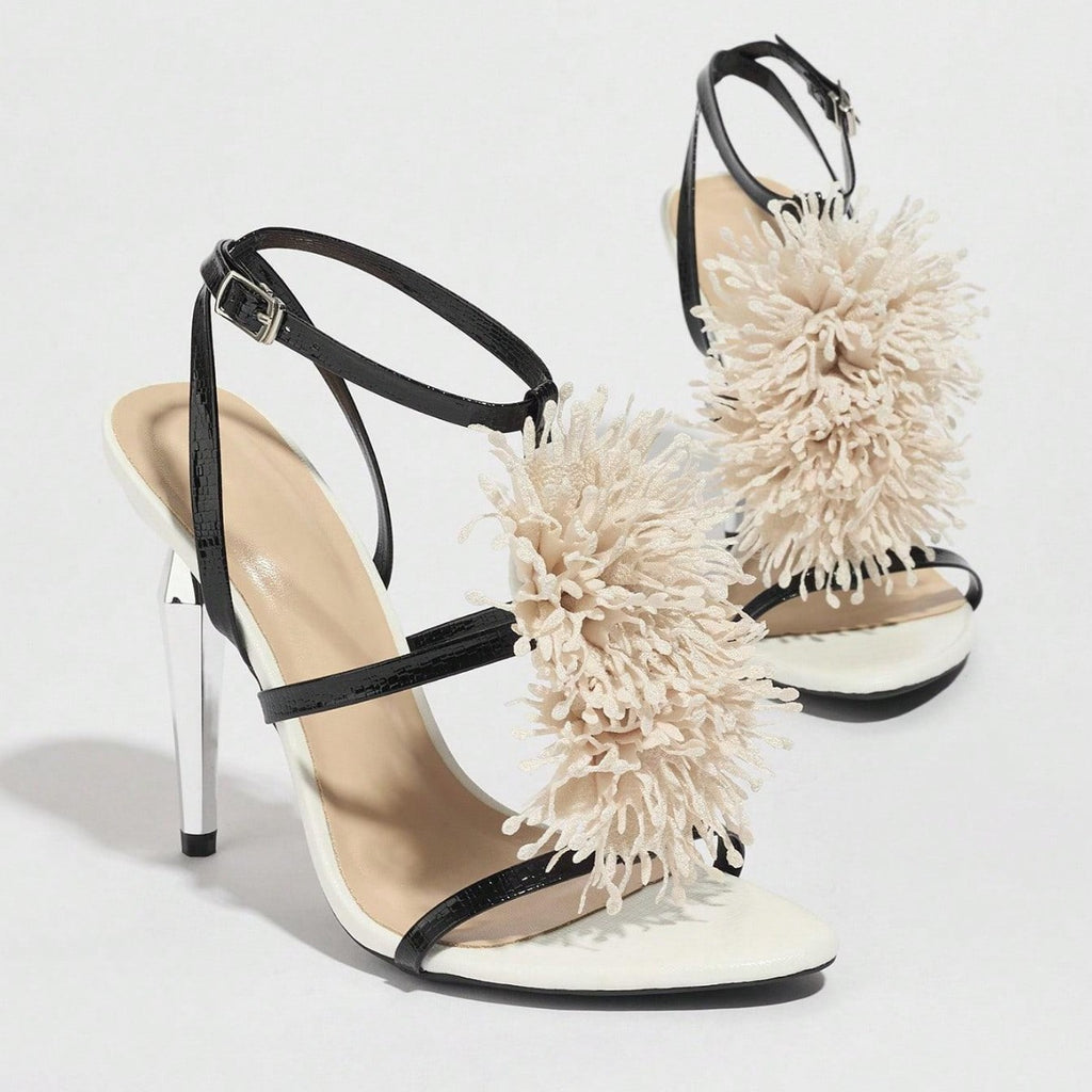 European and American Cross-Border Exclusive Foreign Trade New Round-Toe Electroplated Stiletto Sandals Women's High Heels with Shiny Floral Fashion