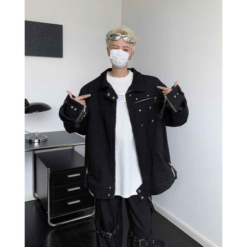 American Style Retro High Street Black Denim Jacket Men's Spring and Autumn Women's Sense Design Sense Niche Trendy Brand Laps Jacket