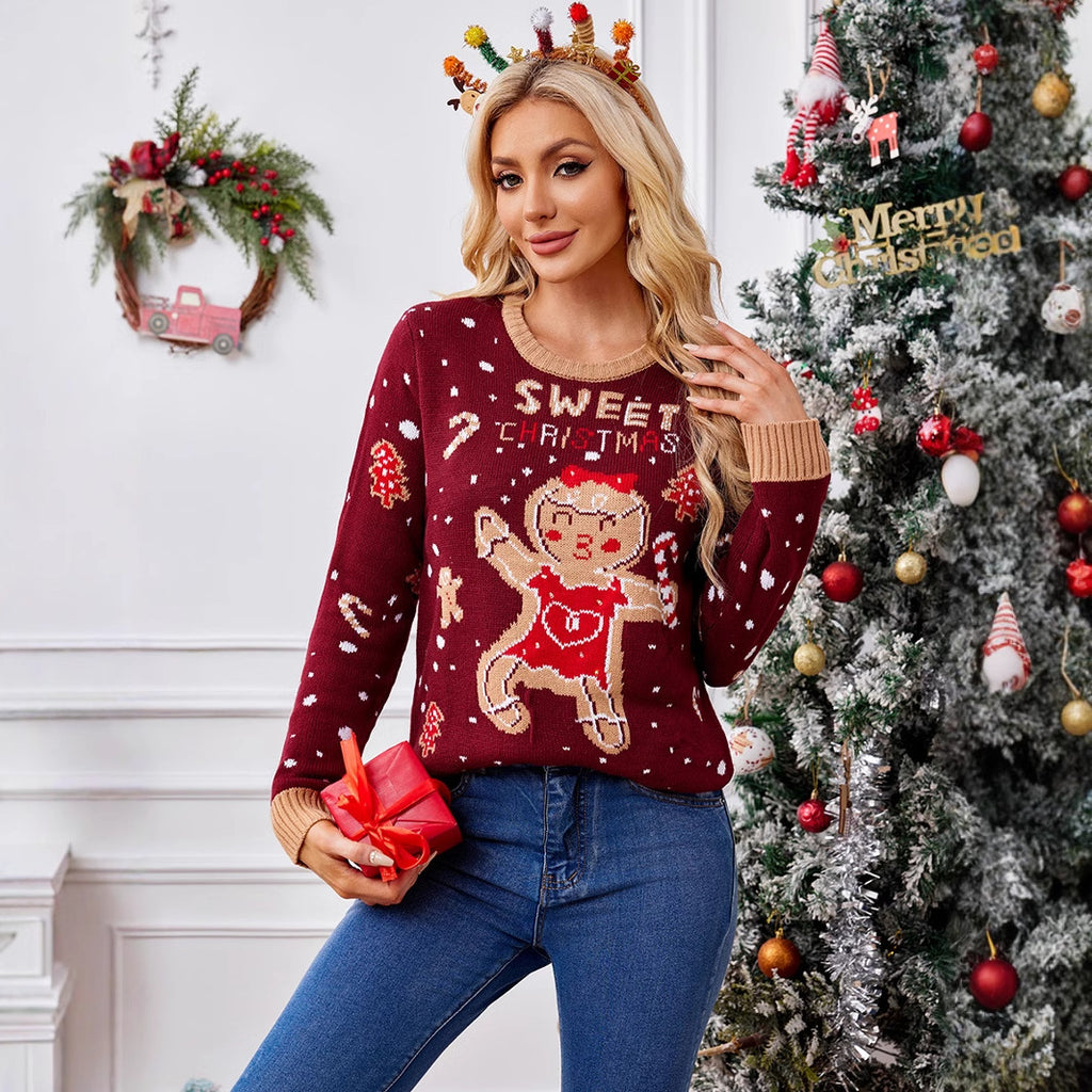 Foreign Trade Amazon Casual Christmas Sweater Women's Autumn and Winter sweater Gingerbread Man Pattern Long Sleeve Pullover Sweater
