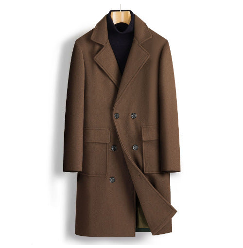 2025 spring new men's foreign trade double-breasted youth solid color casual long woolen coat fashionable trench coat